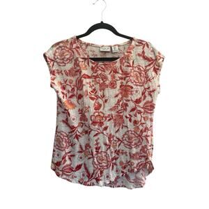Rachel Zoe Womens Small Linen Red Orange White Top Blouse Floral #5048